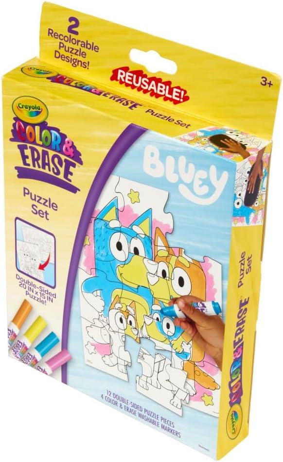 imageCrayola Color amp Erase Bluey Puzzle Set 12 Color in Puzzle Pieces Reusable Double Sided Kids Puzzle Bluey Gift for Kids 3Color Erase Bluey Puzzle Set
