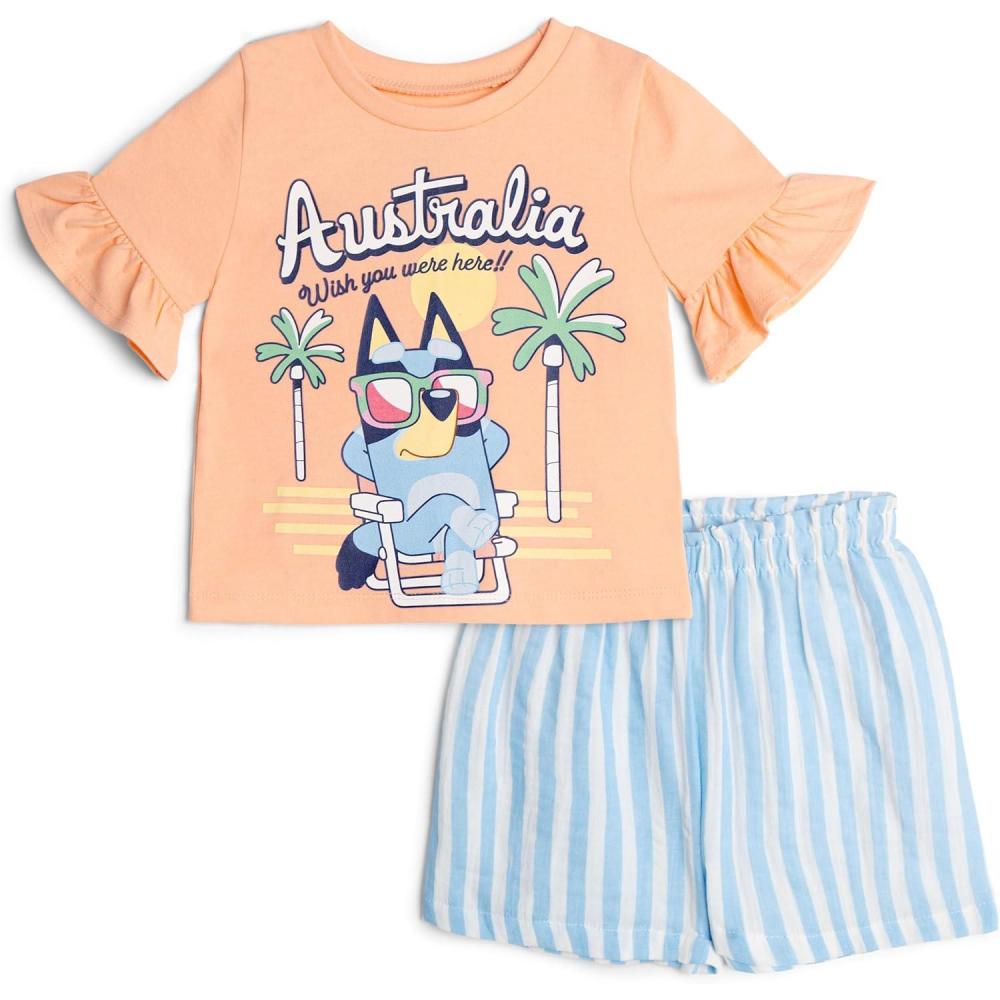imageBluey Girls TShirt and Chambray Shorts Outfit Set Toddler to Big Kid Sizes 2T 1012Peachy Pink Blue