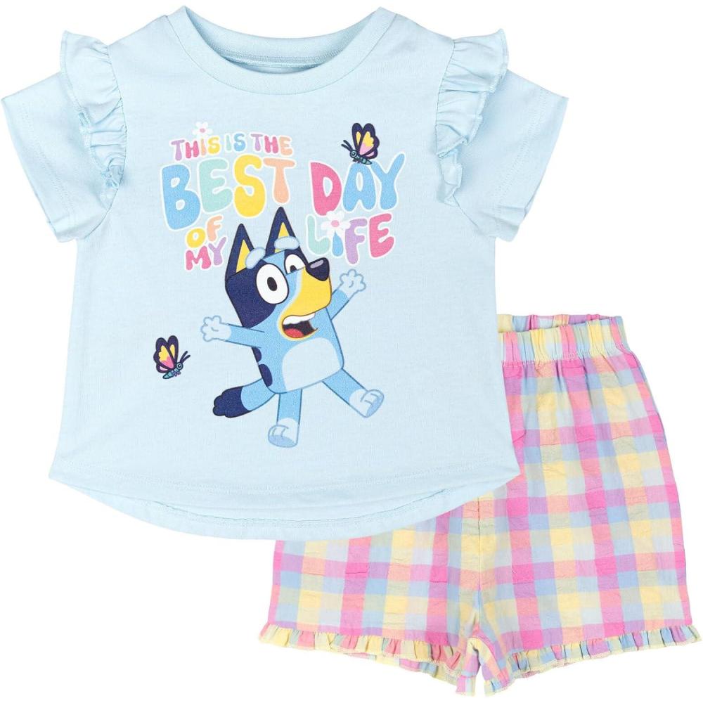 imageBluey Girls TShirt and Chambray Shorts Outfit Set Toddler to Big Kid Sizes 2T 1012Sky Blue