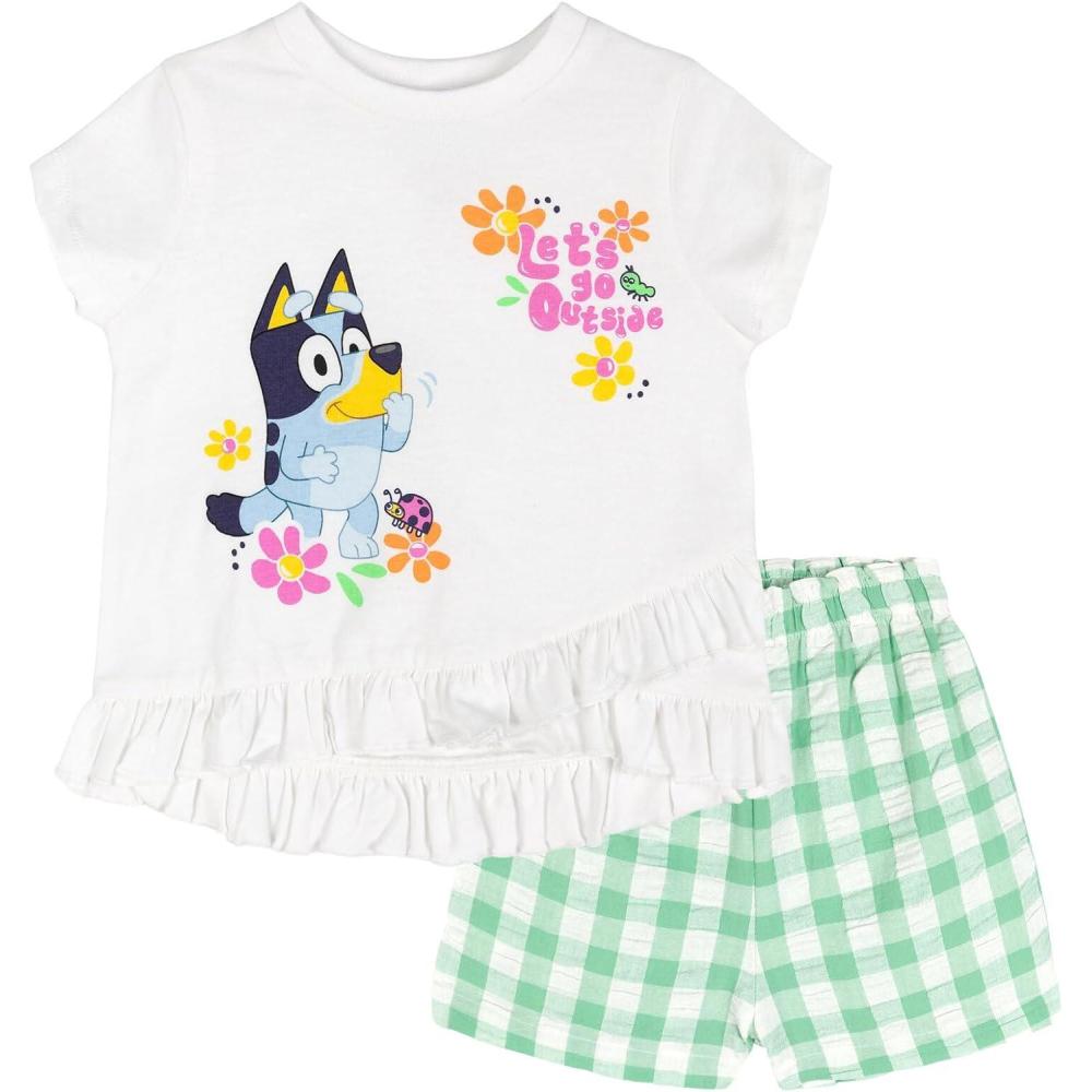 imageBluey Girls TShirt and Chambray Shorts Outfit Set Toddler to Big Kid Sizes 2T 1012White Green