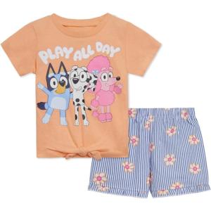 Bluey Girls T-Shirt and Chambray Shorts Outfit Set Toddler to Big Kid Sizes (2T – 10-12)(Peach / Blue)