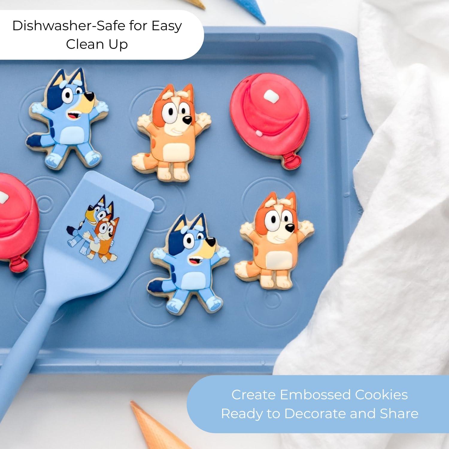 imageHandstand Kitchen Bluey Cookie Baking Set with Three Bluey Themed Cookie Stamp Cutters and Nylon Cookie Spatula