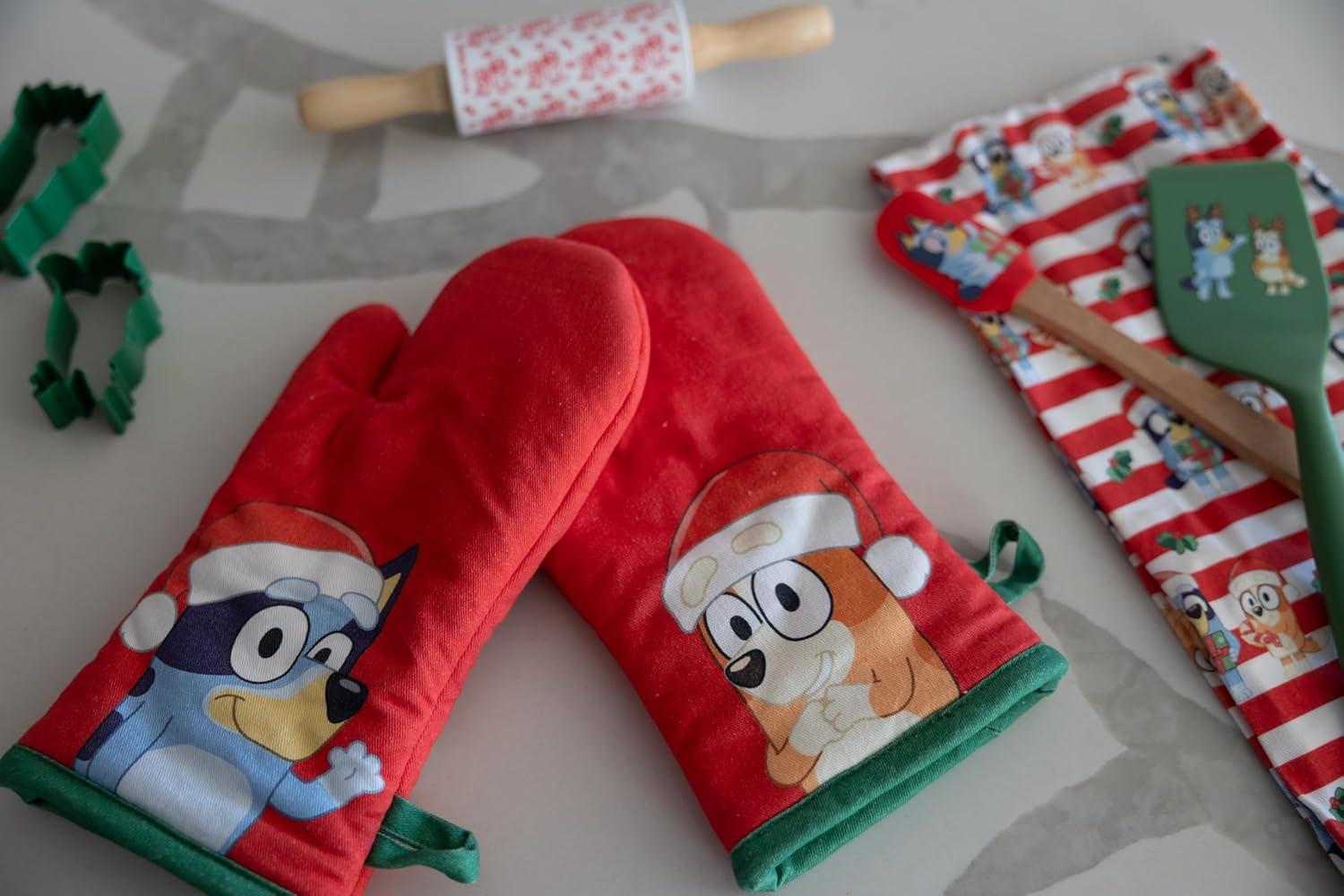 imageHandstand Kitchen Bluey and Bingo 100 Cotton Hoilday Stripe Print Childs Apron and Oven Mitt Pair Set