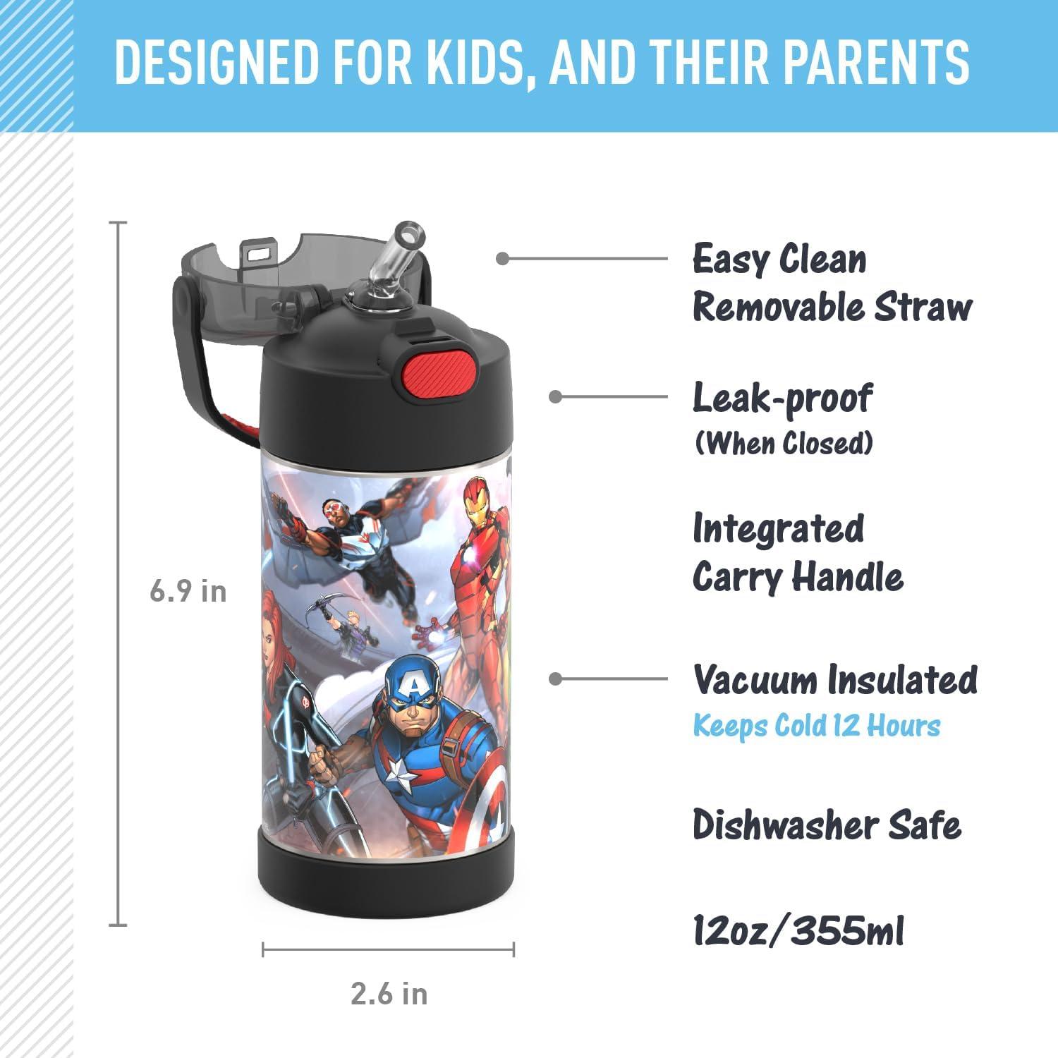imageTHERMOS FUNTAINER Water Bottle with Straw 12 Ounce Kids Stainless Steel Vacuum Insulated Water Bottle with Lid BlueyAvengers