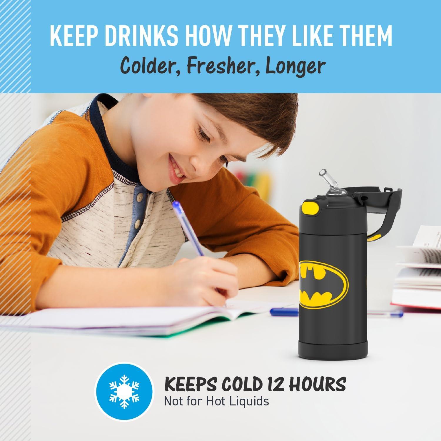 imageTHERMOS FUNTAINER Water Bottle with Straw 12 Ounce Kids Stainless Steel Vacuum Insulated Water Bottle with Lid BlueyBatman