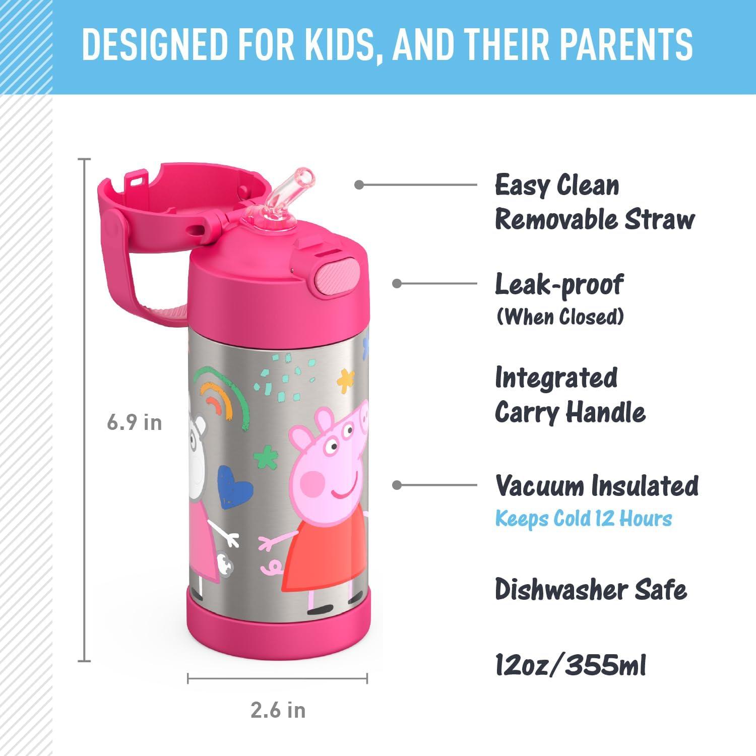 imageTHERMOS FUNTAINER Water Bottle with Straw 12 Ounce Kids Stainless Steel Vacuum Insulated Water Bottle with Lid BlueyPeppa Pig