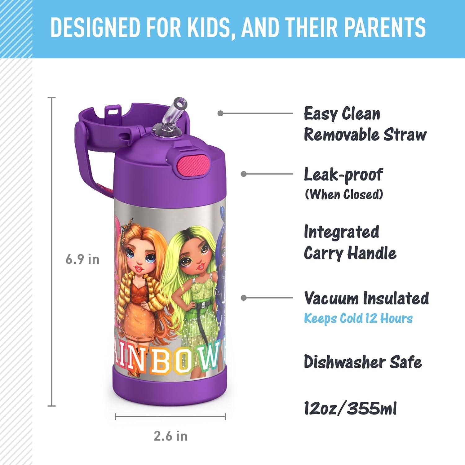 imageTHERMOS FUNTAINER Water Bottle with Straw 12 Ounce Kids Stainless Steel Vacuum Insulated Water Bottle with Lid BlueyRainbow High