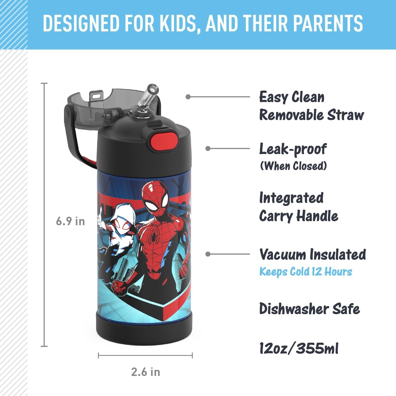 imageTHERMOS FUNTAINER Water Bottle with Straw 12 Ounce Kids Stainless Steel Vacuum Insulated Water Bottle with Lid BlueySpiderMan