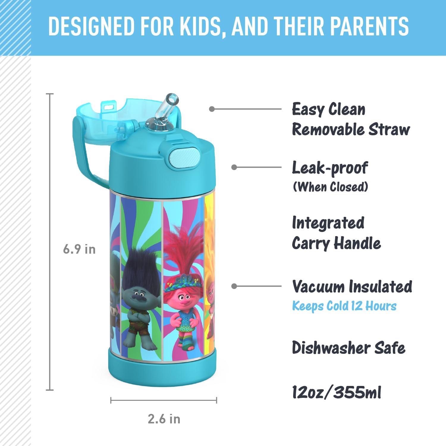 imageTHERMOS FUNTAINER Water Bottle with Straw 12 Ounce Kids Stainless Steel Vacuum Insulated Water Bottle with Lid BlueyTrolls 3 Movie