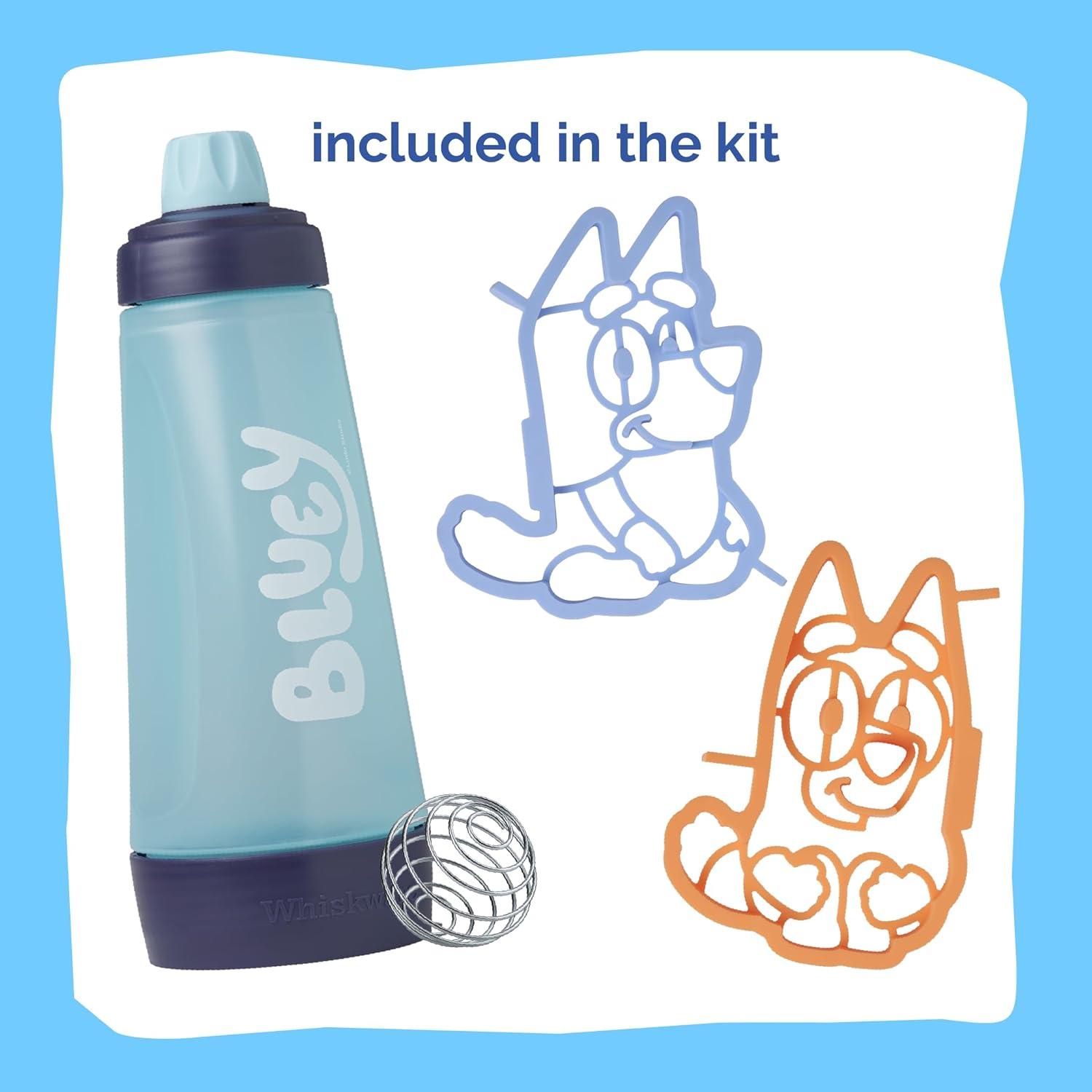 imageWhiskware Bluey Pancake Art Kit 1 Batter Bottle 2 Silicone Bluey and Bingo Pancake Molds and 1 BlenderBall Wire Whisk Durable NoMess Breakfast BPA Free Dishwasher SafeBluey