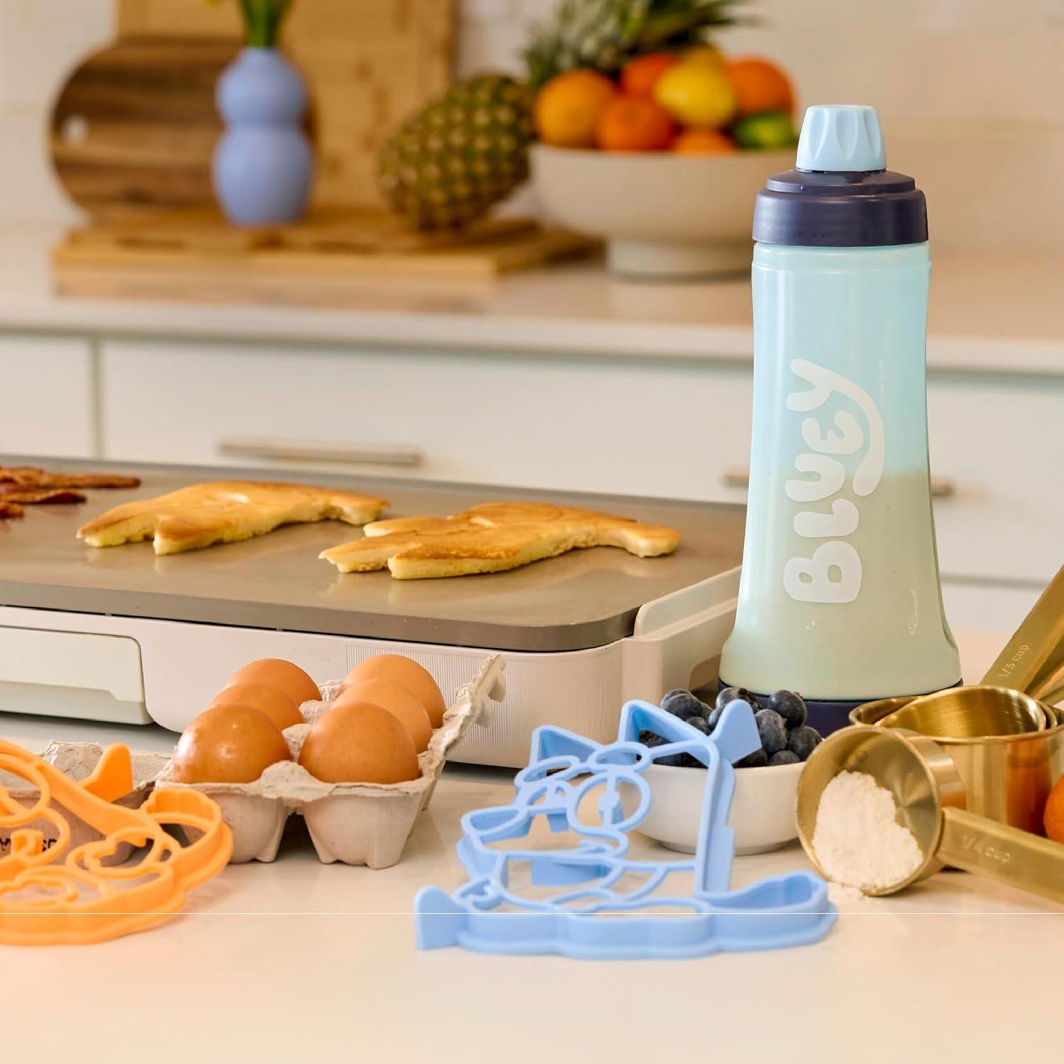 imageWhiskware Bluey Pancake Art Kit 1 Batter Bottle 2 Silicone Bluey and Bingo Pancake Molds and 1 BlenderBall Wire Whisk Durable NoMess Breakfast BPA Free Dishwasher SafeBluey