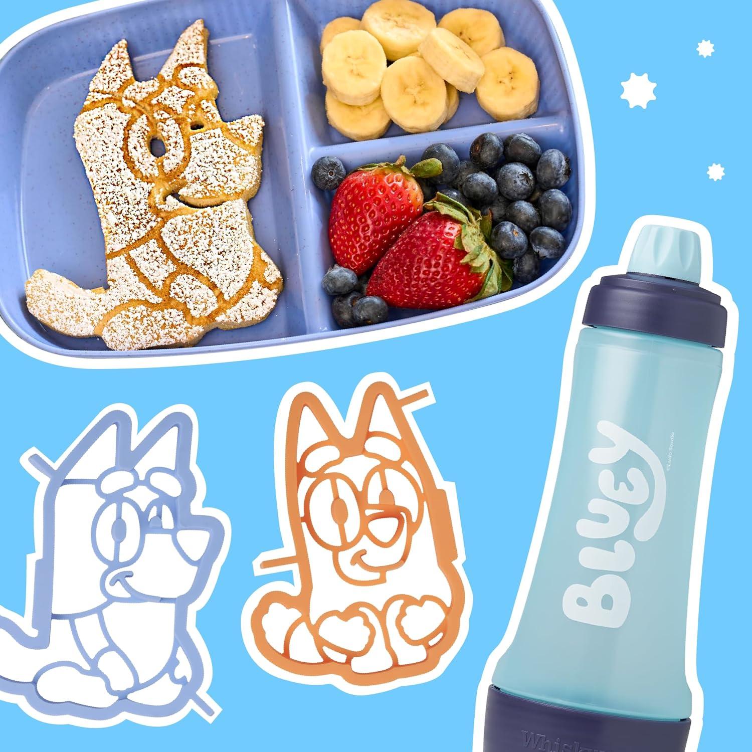 imageWhiskware Bluey Pancake Art Kit 1 Batter Bottle 2 Silicone Bluey and Bingo Pancake Molds and 1 BlenderBall Wire Whisk Durable NoMess Breakfast BPA Free Dishwasher SafeBluey