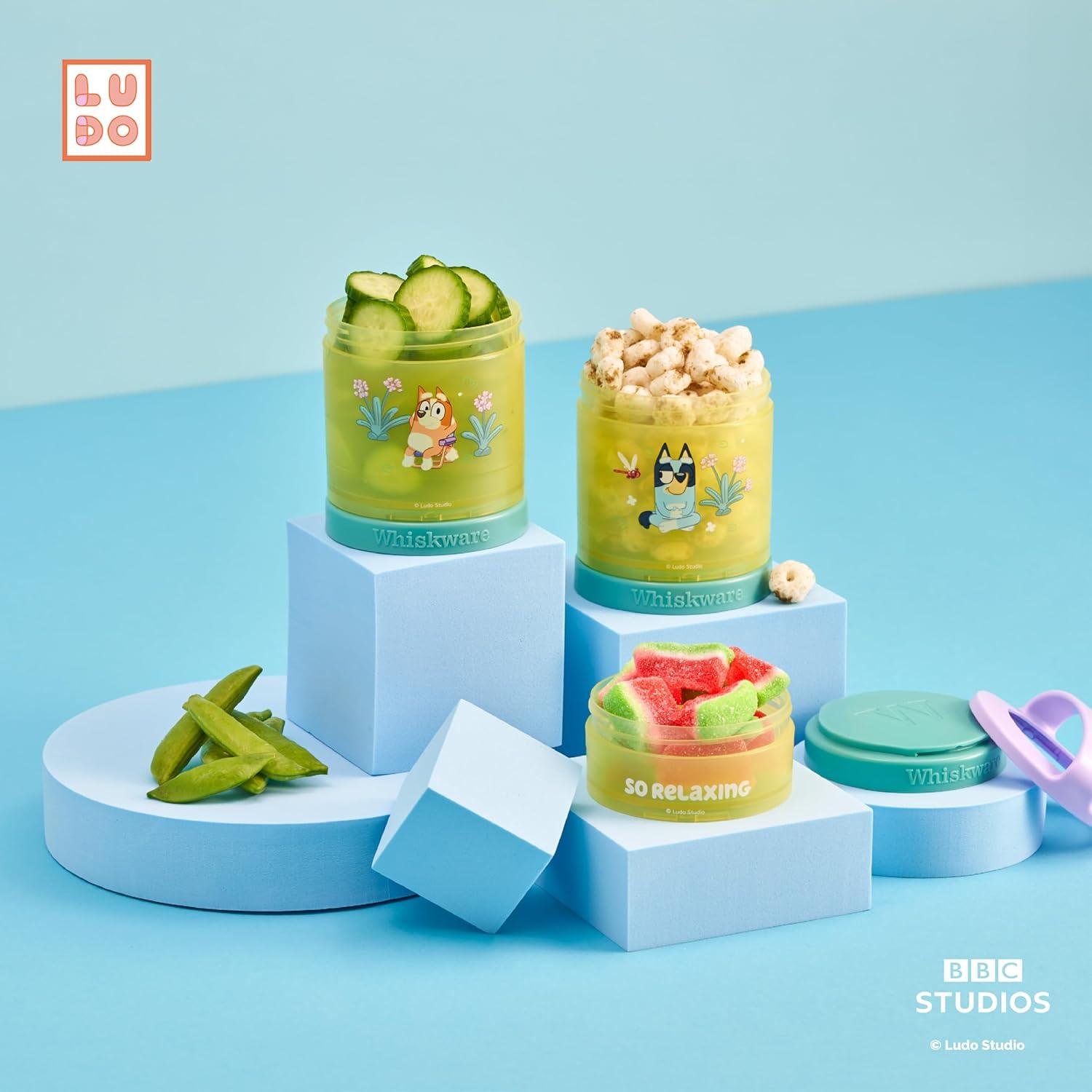 imageWhiskware Bluey Stackable Snack Containers for Babies Toddlers and Kids 3 Stackable Snack Cups for School and Travel Cupholder Friendly Bluey Chloe Bingo and Lila Best BuddiesPurpleGreenYellow