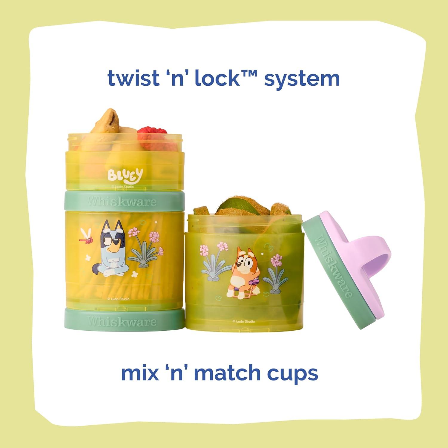 imageWhiskware Bluey Stackable Snack Containers for Babies Toddlers and Kids 3 Stackable Snack Cups for School and Travel Cupholder Friendly Bluey Chloe Bingo and Lila Best BuddiesPurpleGreenYellow