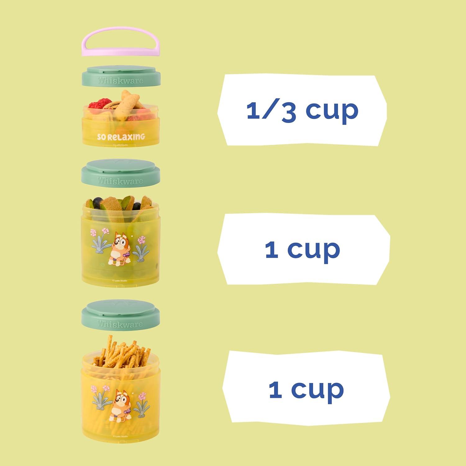 imageWhiskware Bluey Stackable Snack Containers for Babies Toddlers and Kids 3 Stackable Snack Cups for School and Travel Cupholder Friendly Bluey Chloe Bingo and Lila Best BuddiesPurpleGreenYellow