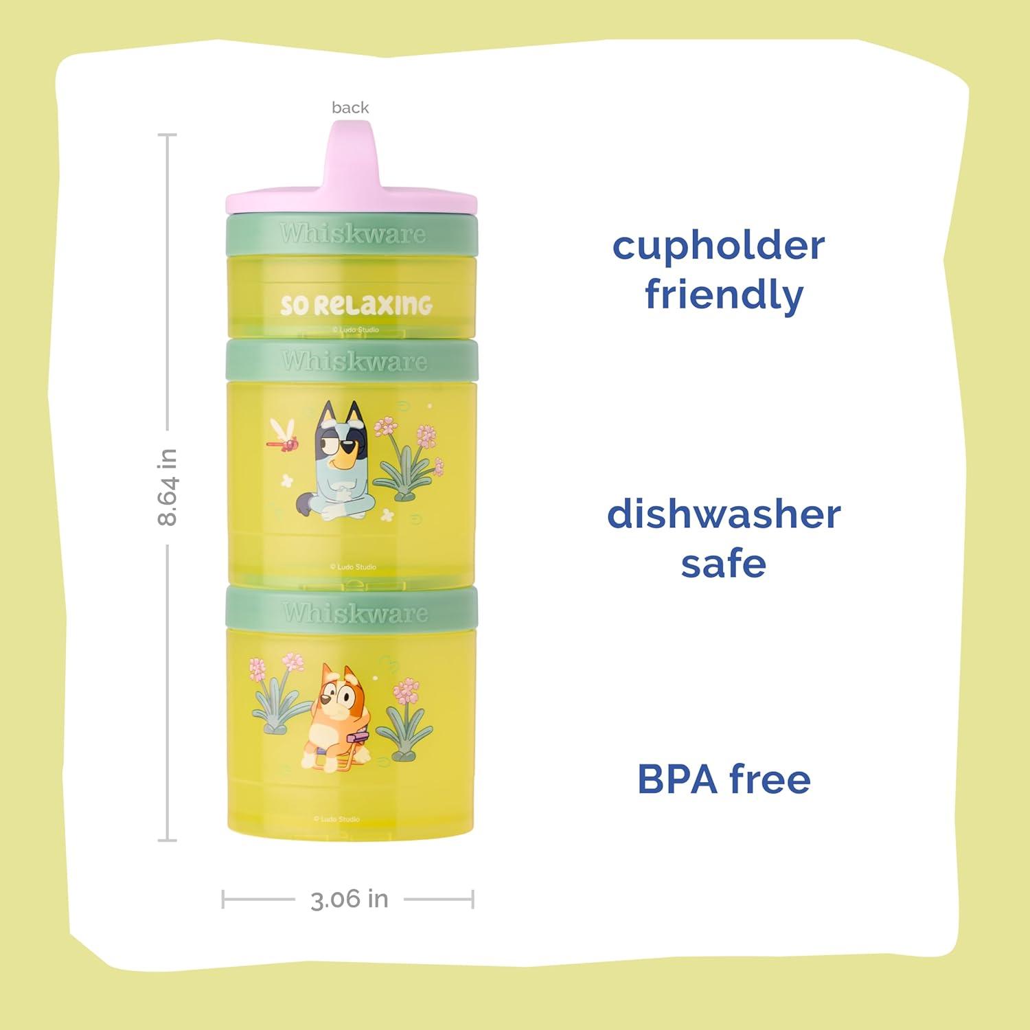imageWhiskware Bluey Stackable Snack Containers for Babies Toddlers and Kids 3 Stackable Snack Cups for School and Travel Cupholder Friendly Bluey Chloe Bingo and Lila Best BuddiesPurpleGreenYellow