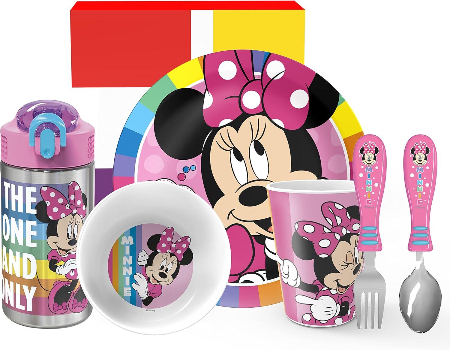 imageZak Designs Bluey Kids Dinnerware Gift Set Includes Plate Bowl Tumbler Water Bottle and Utensil Tableware Made of Durable Material and Perfect for Kids 6 Piece Gift Set BPAFreeMinnie Mouse 6pcs