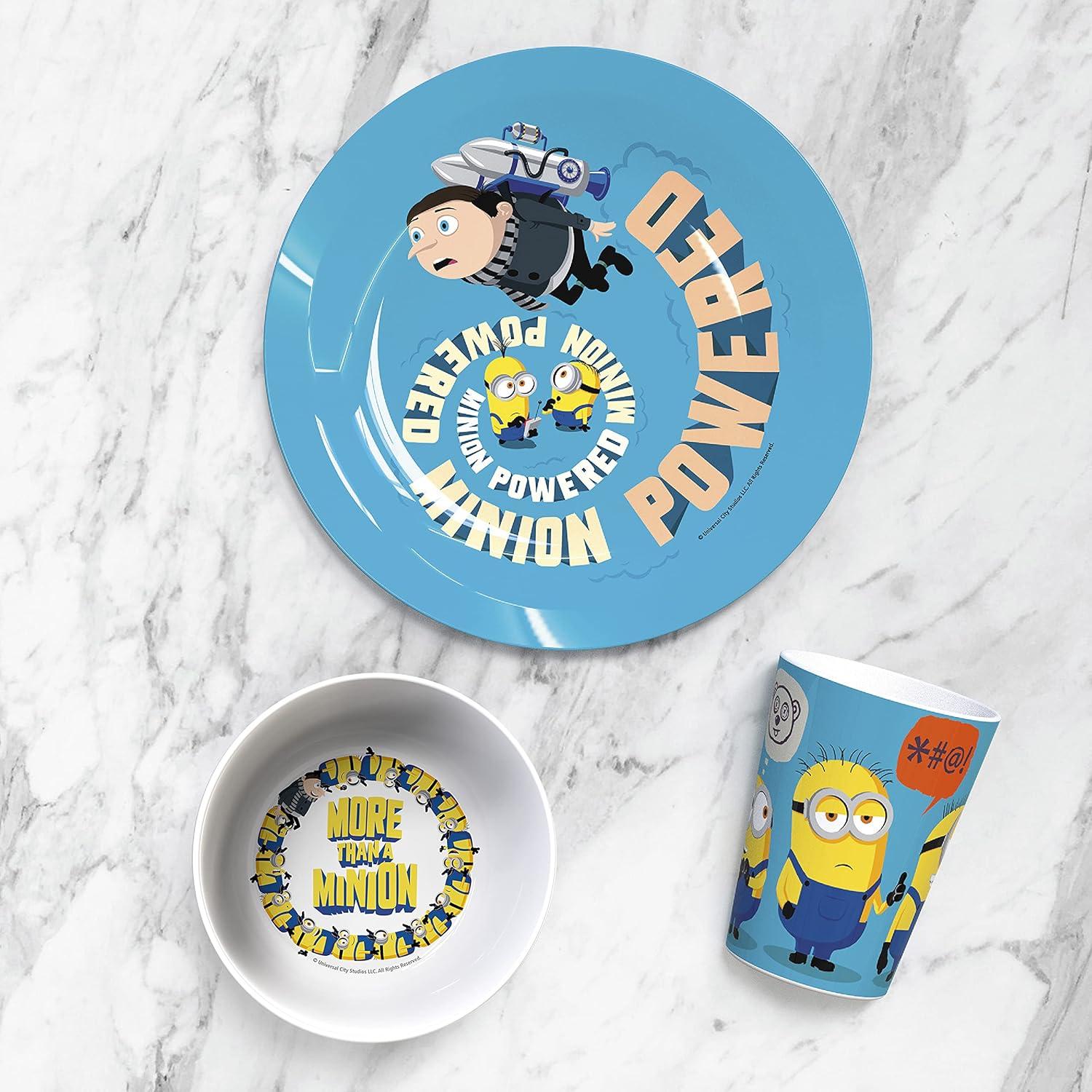 imageZak Designs Bluey Kids Dinnerware Gift Set Includes Plate Bowl Tumbler Water Bottle and Utensil Tableware Made of Durable Material and Perfect for Kids 6 Piece Gift Set BPAFreeMinionsGru 3pcs