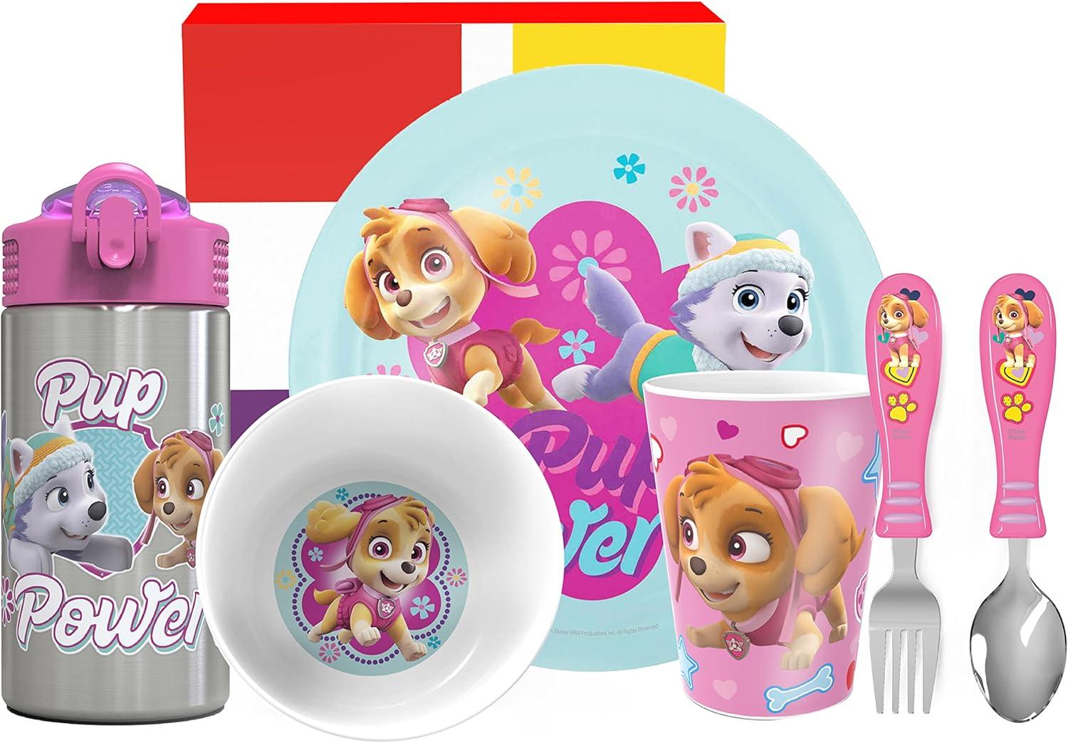 imageZak Designs Bluey Kids Dinnerware Gift Set Includes Plate Bowl Tumbler Water Bottle and Utensil Tableware Made of Durable Material and Perfect for Kids 6 Piece Gift Set BPAFreePAW Patrol Gilrs 6pcs