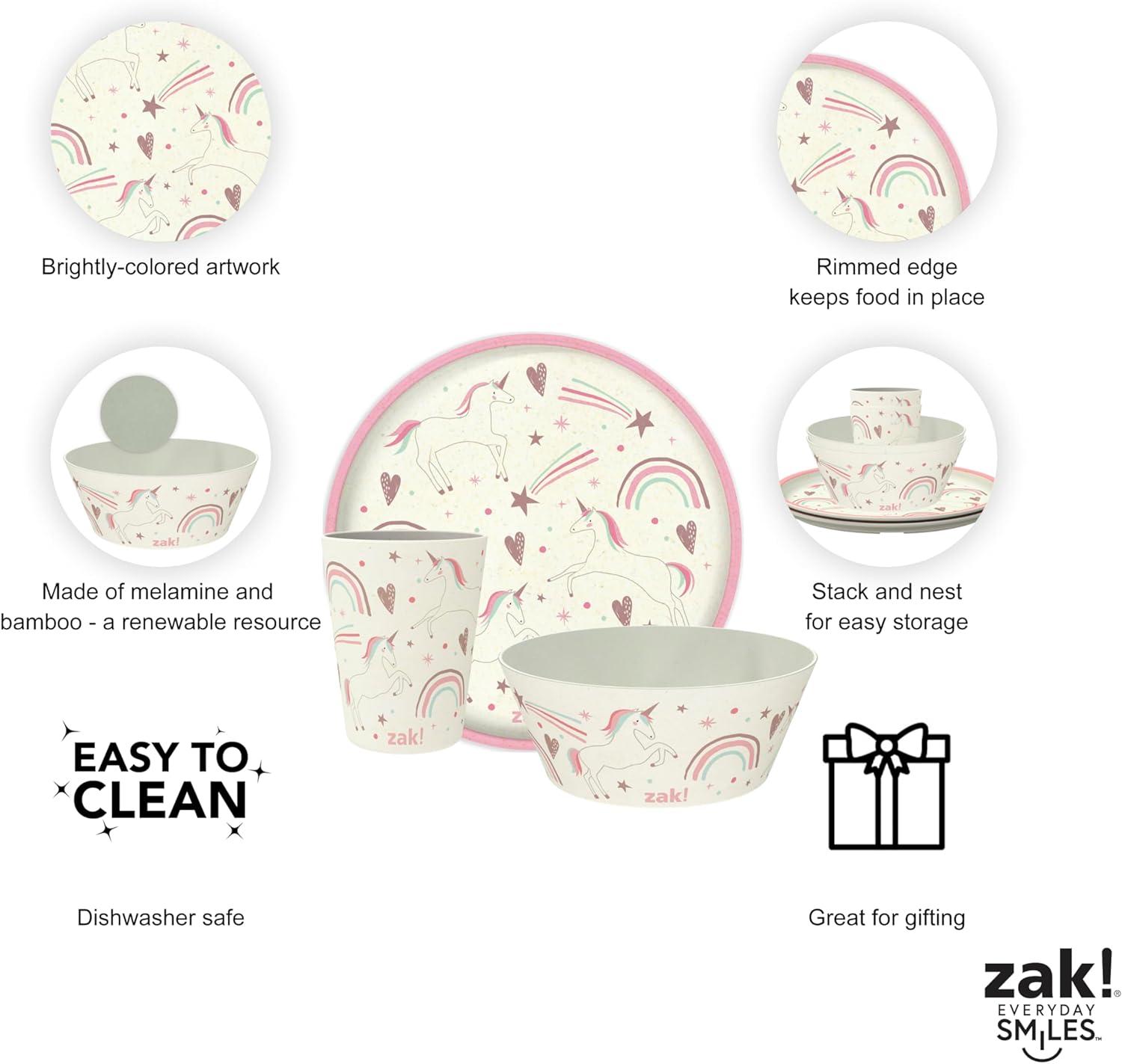 imageZak Designs Bluey Kids Dinnerware Set 3 Pieces Durable and Sustainable Melamine Bamboo Plate Bowl and Tumbler are Perfect For Dinner Time With Family Bluey Bingo Bandit ChilliFanciful Unicorn