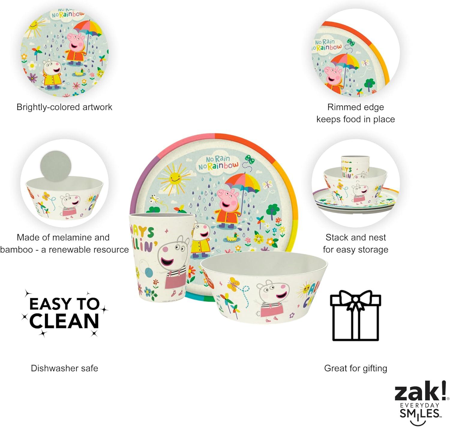 imageZak Designs Bluey Kids Dinnerware Set 3 Pieces Durable and Sustainable Melamine Bamboo Plate Bowl and Tumbler are Perfect For Dinner Time With Family Bluey Bingo Bandit ChilliPeppa Pig