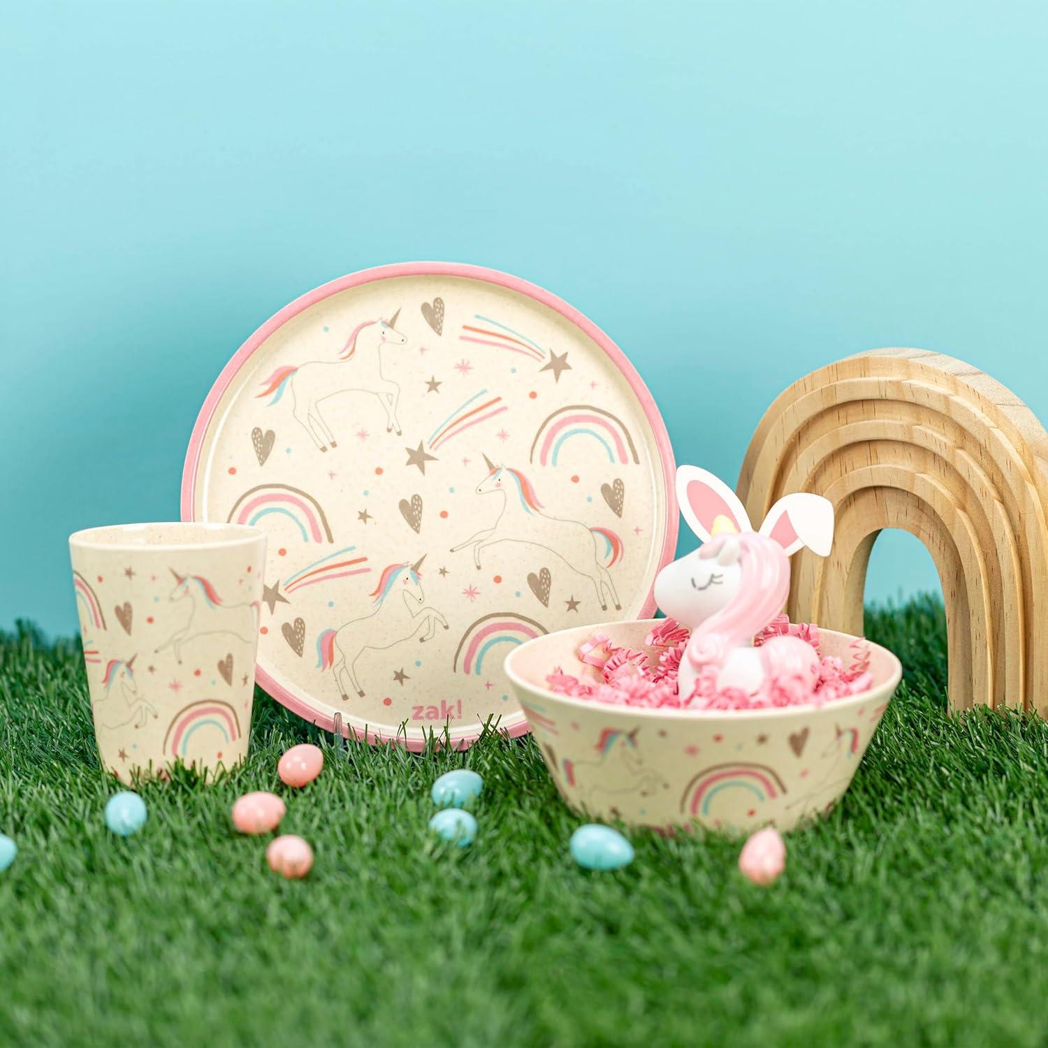 imageZak Designs Bluey Kids Dinnerware Set 3 Pieces Durable and Sustainable Melamine Bamboo Plate Bowl and Tumbler are Perfect For Dinner Time With Family Bluey Bingo Bandit ChilliFanciful Unicorn