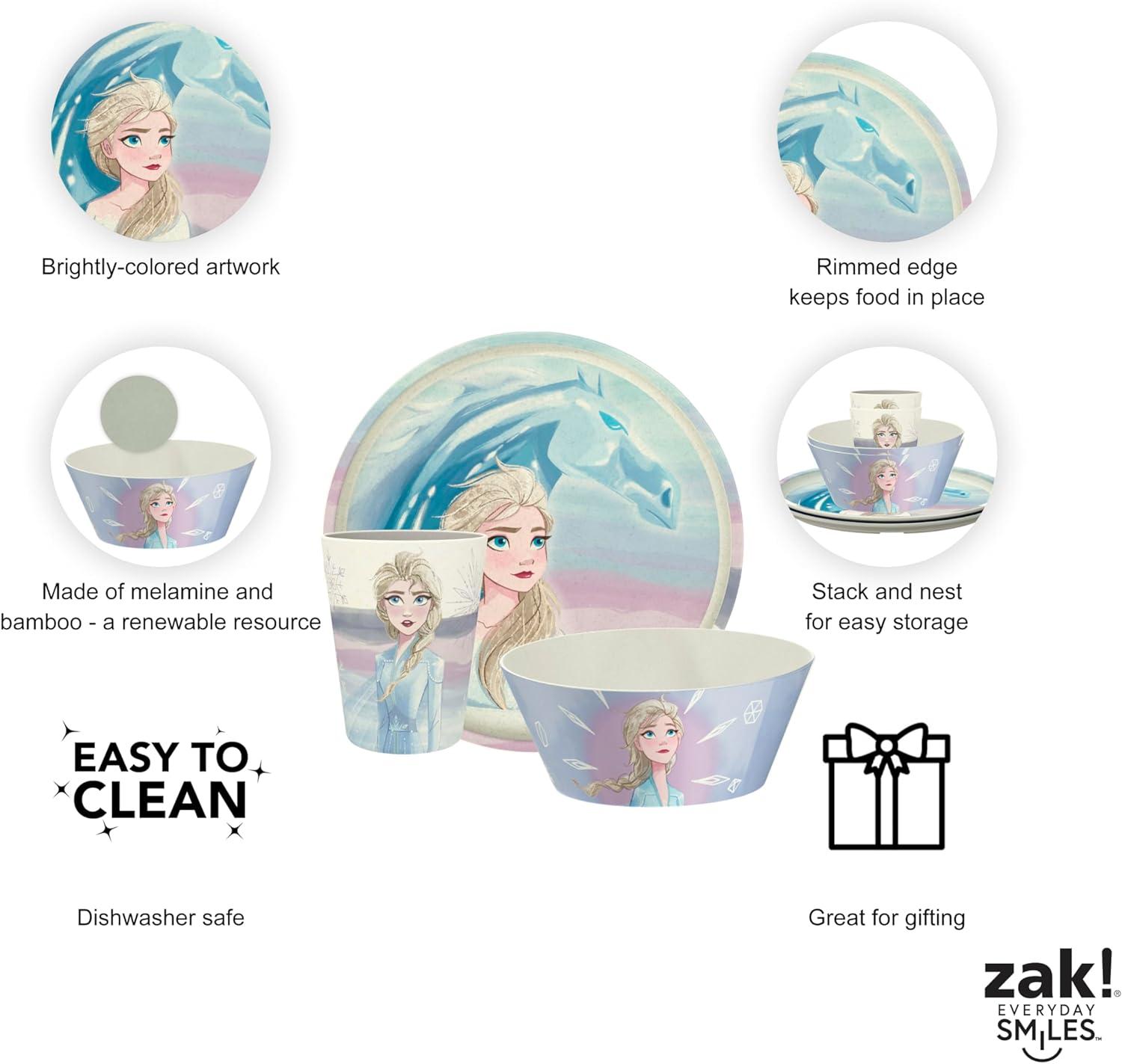 imageZak Designs Bluey Kids Dinnerware Set 3 Pieces Durable and Sustainable Melamine Bamboo Plate Bowl and Tumbler are Perfect For Dinner Time With Family Bluey Bingo Bandit ChilliFrozen 2 Anna Elsa Olaf