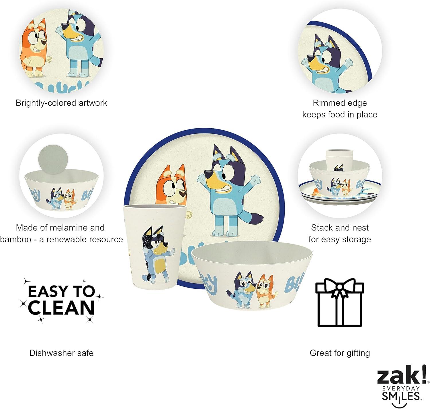 imageZak Designs Bluey Kids Dinnerware Set 3 Pieces Durable and Sustainable Melamine Bamboo Plate Bowl and Tumbler are Perfect For Dinner Time With Family Bluey Bingo Bandit ChilliBluey