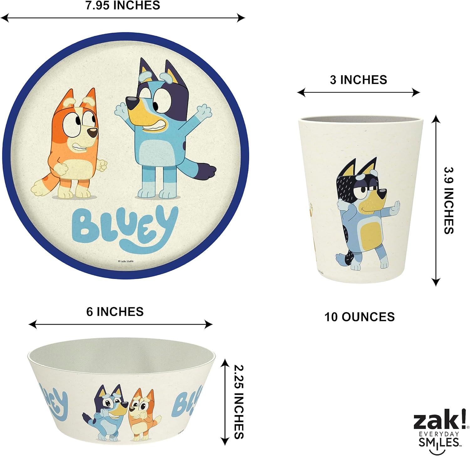 imageZak Designs Bluey Kids Dinnerware Set 3 Pieces Durable and Sustainable Melamine Bamboo Plate Bowl and Tumbler are Perfect For Dinner Time With Family Bluey Bingo Bandit ChilliBluey