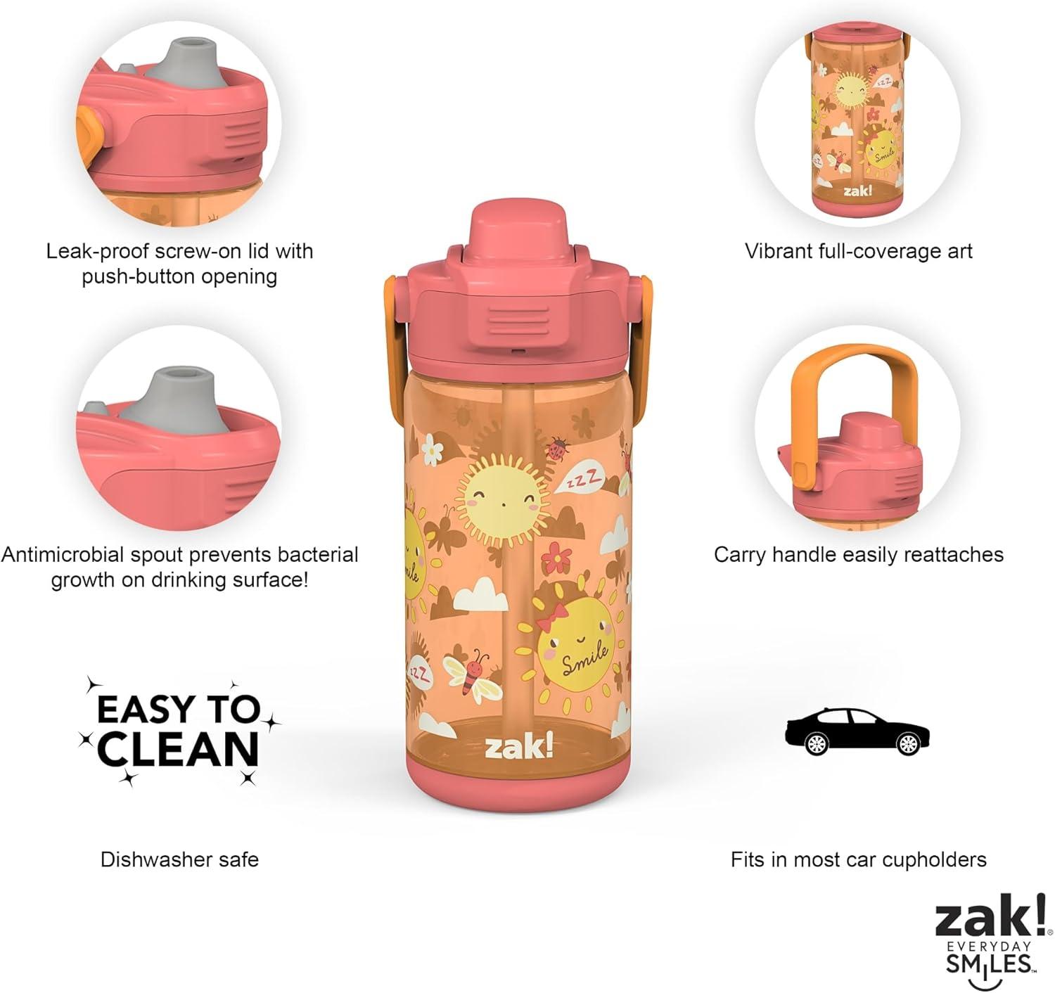 imageZak Designs Fruit Kid Water Bottle 2Pack Set for Travel or At Home 16oz Plastic is Durable and LeakProof with Silicone Spout Cover Carry Handle Protective Base Happy Skies Happy Fruit