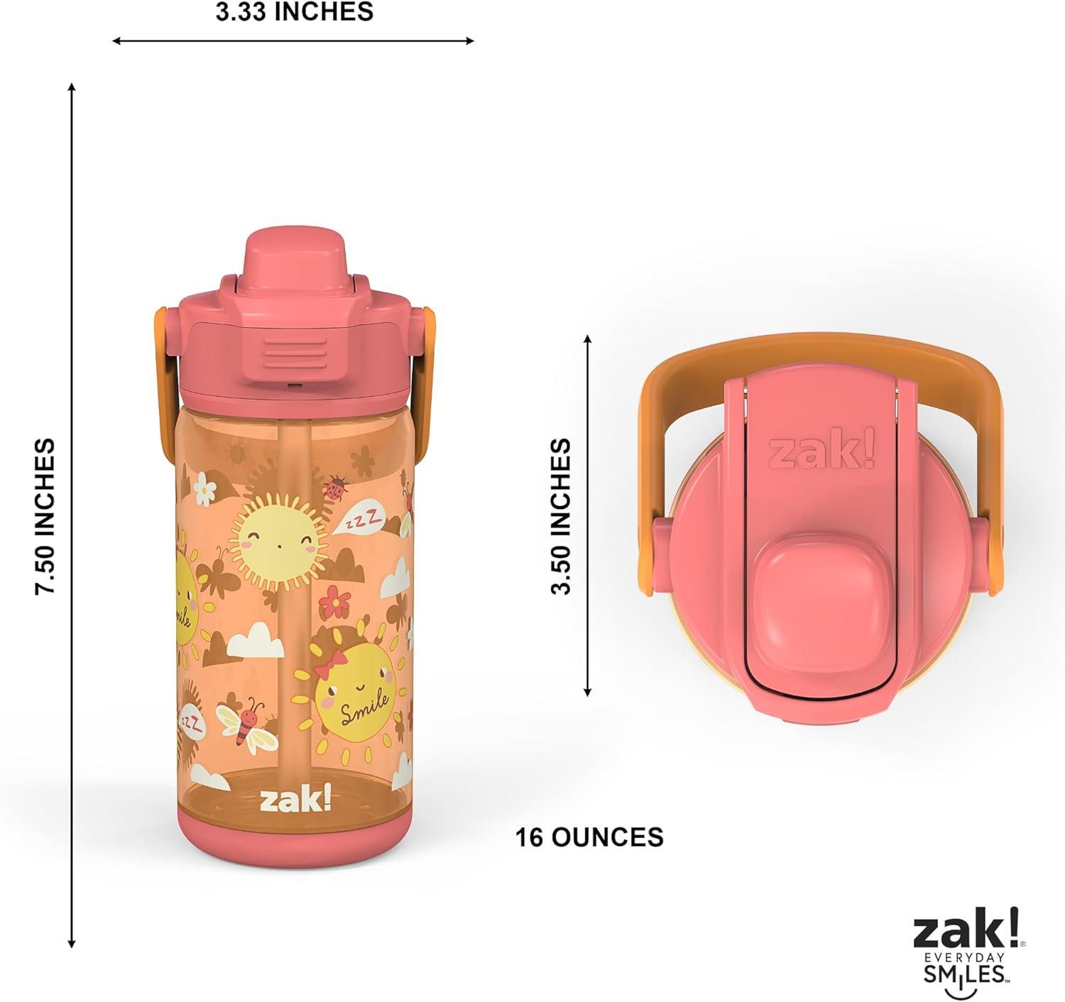 imageZak Designs Fruit Kid Water Bottle 2Pack Set for Travel or At Home 16oz Plastic is Durable and LeakProof with Silicone Spout Cover Carry Handle Protective Base Happy Skies Happy Fruit