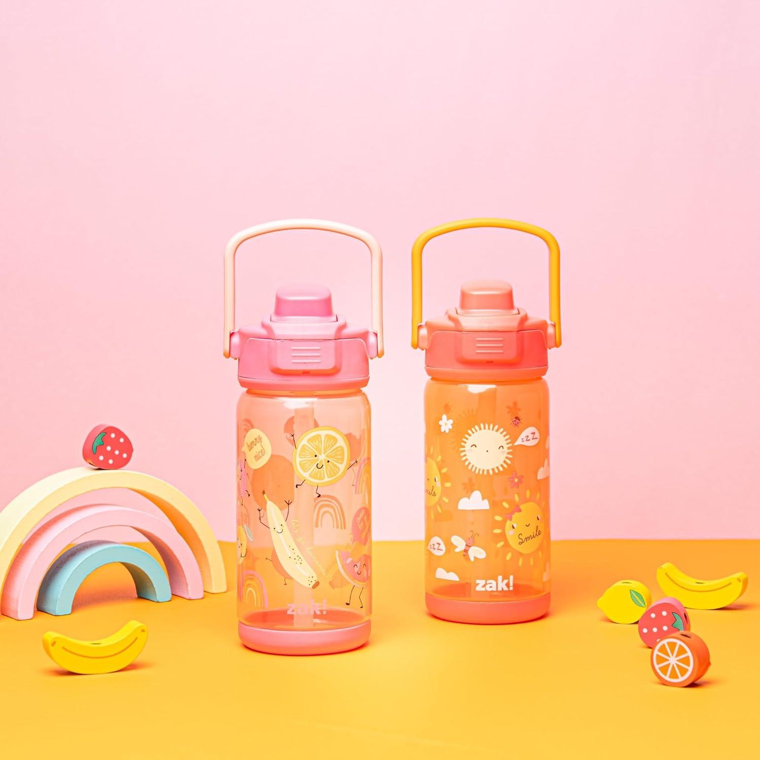 imageZak Designs Fruit Kid Water Bottle 2Pack Set for Travel or At Home 16oz Plastic is Durable and LeakProof with Silicone Spout Cover Carry Handle Protective Base Happy Skies Happy Fruit