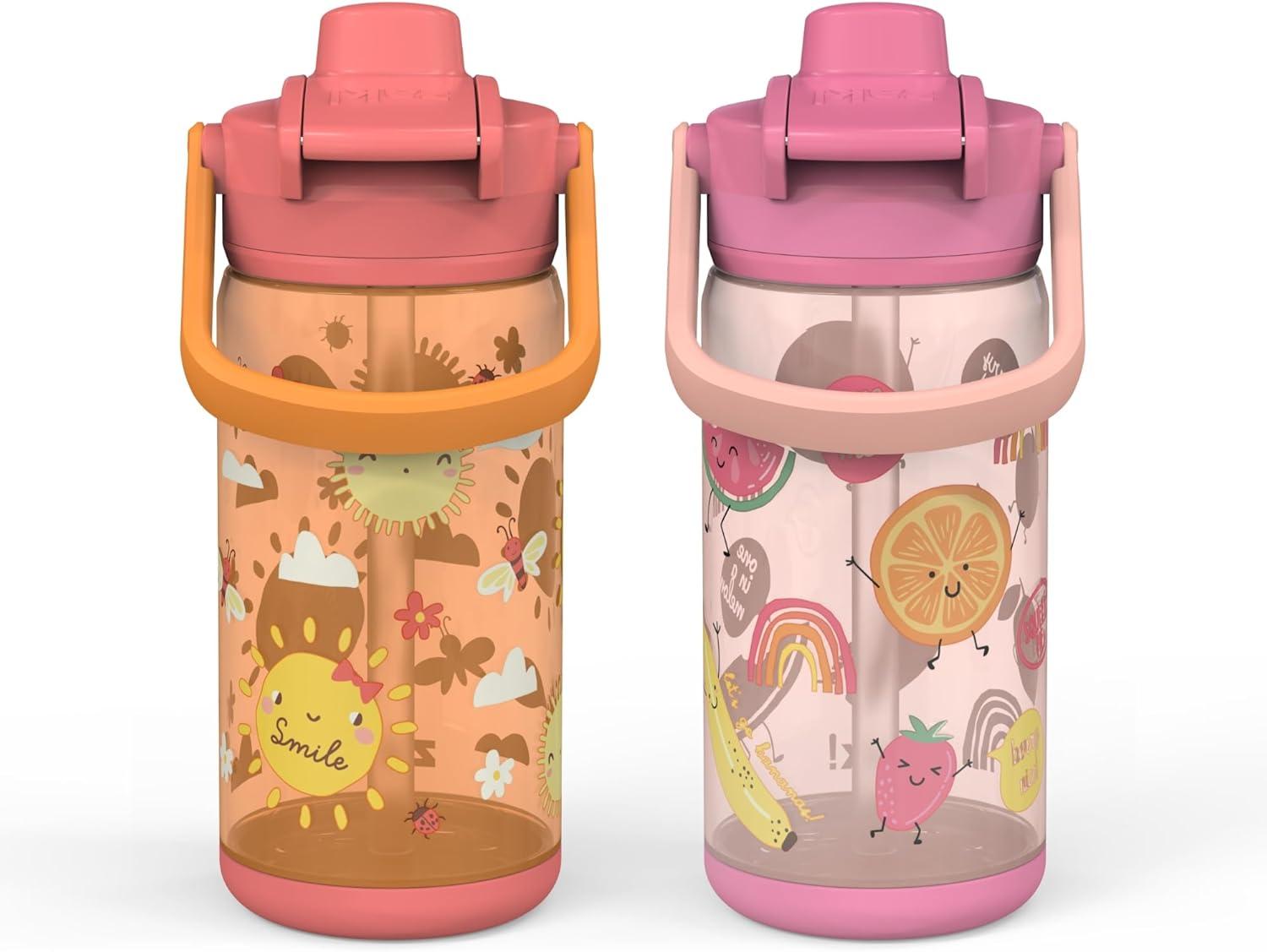 imageZak Designs Fruit Kid Water Bottle 2Pack Set for Travel or At Home 16oz Plastic is Durable and LeakProof with Silicone Spout Cover Carry Handle Protective Base Happy Skies Happy Fruit