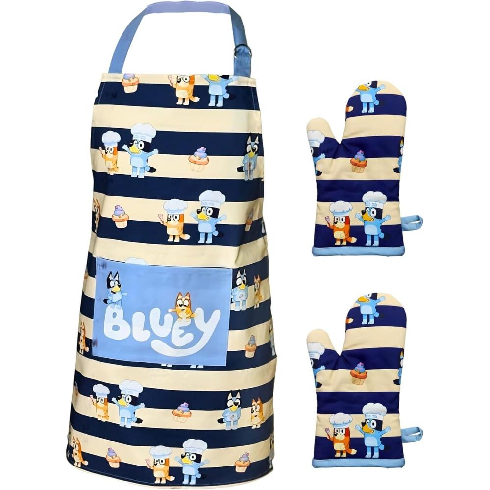 imageHandstand Kitchen Bluey and Bingo 100 Cotton Blue Stripe Print Patch Pocket Apron CollectionChild Apron and Oven Mitts