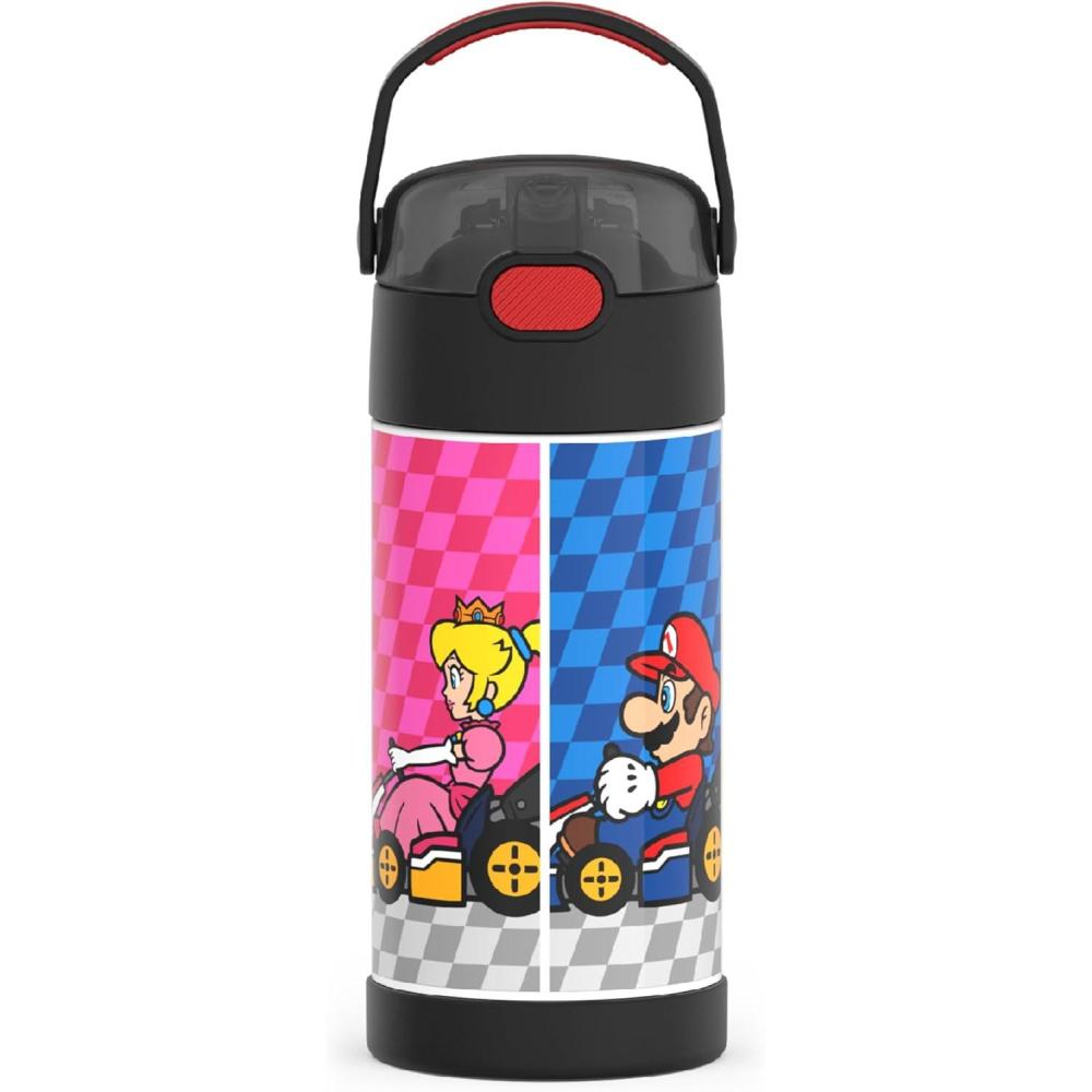 imageTHERMOS FUNTAINER Water Bottle with Straw  12 Ounce  Kids Stainless Steel Vacuum Insulated Water Bottle with Lid BlueySuper Mario Brothers