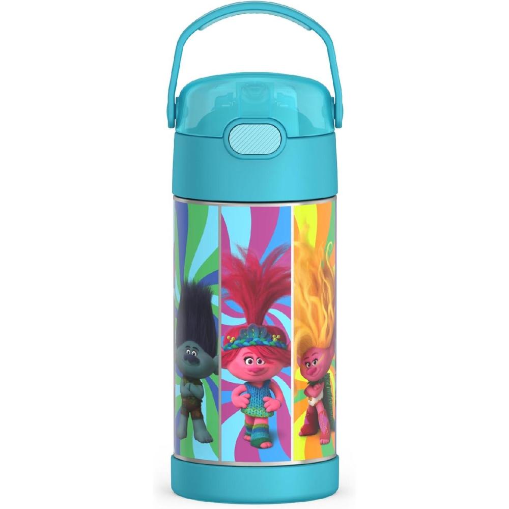 imageTHERMOS FUNTAINER Water Bottle with Straw  12 Ounce  Kids Stainless Steel Vacuum Insulated Water Bottle with Lid BlueyTrolls 3 Movie