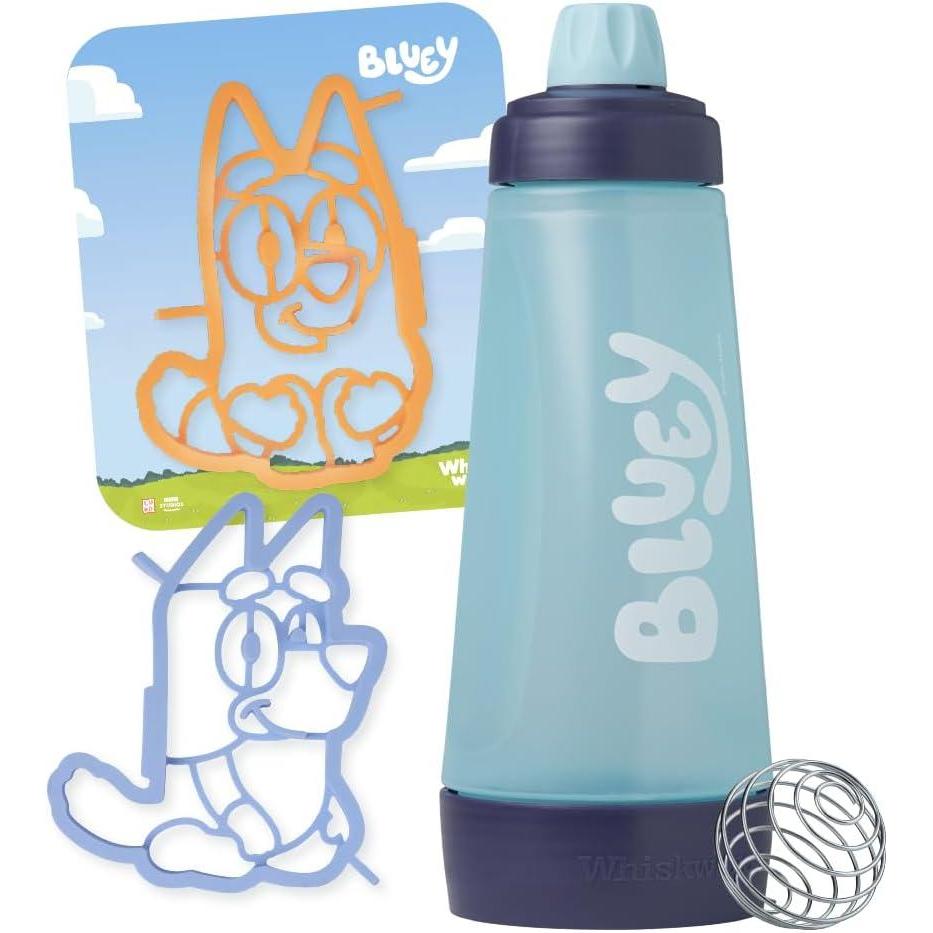 imageWhiskware Bluey Pancake Art Kit 1 Batter Bottle 2 Silicone Bluey and Bingo Pancake Molds and 1 BlenderBall Wire Whisk Durable NoMess Breakfast BPA Free Dishwasher SafeBluey