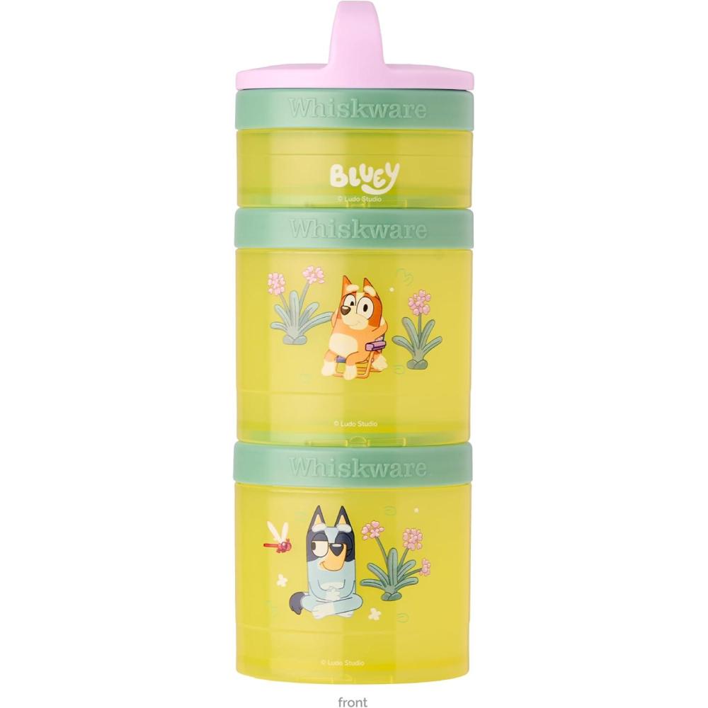 imageWhiskware Bluey Stackable Snack Containers for Babies Toddlers and Kids 3 Stackable Snack Cups for School and Travel Cupholder Friendly Bluey Chloe Bingo and Lila Best BuddiesPurpleGreenYellow