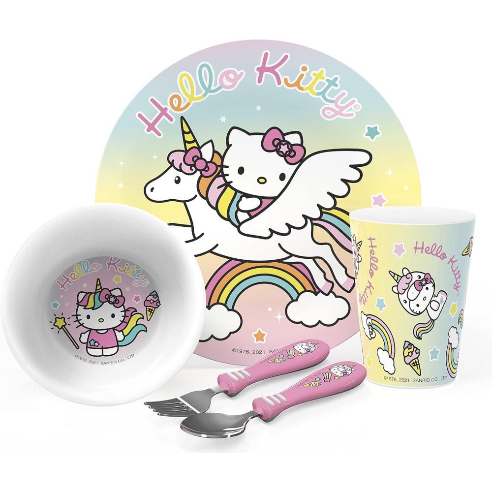 imageZak Designs Bluey Kids Dinnerware Gift Set Includes Plate Bowl Tumbler Water Bottle and Utensil Tableware Made of Durable Material and Perfect for Kids 6 Piece Gift Set BPAFreeHelloKitty  5pcs