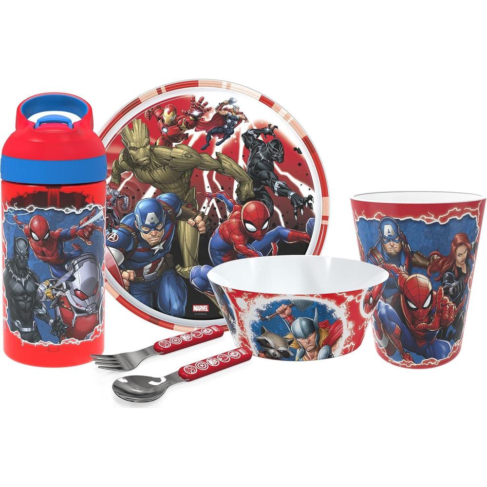 imageZak Designs Bluey Kids Dinnerware Gift Set Includes Plate Bowl Tumbler Water Bottle and Utensil Tableware Made of Durable Material and Perfect for Kids 6 Piece Gift Set BPAFreeMarvel Universe  6pcs