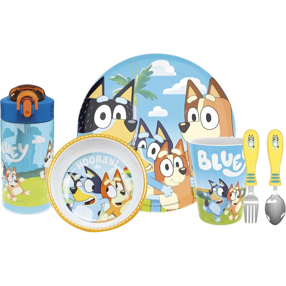 imageZak Designs Bluey Kids Dinnerware Gift Set Includes Plate Bowl Tumbler Water Bottle and Utensil Tableware Made of Durable Material and Perfect for Kids 6 Piece Gift Set BPAFreeBluey  6pcs