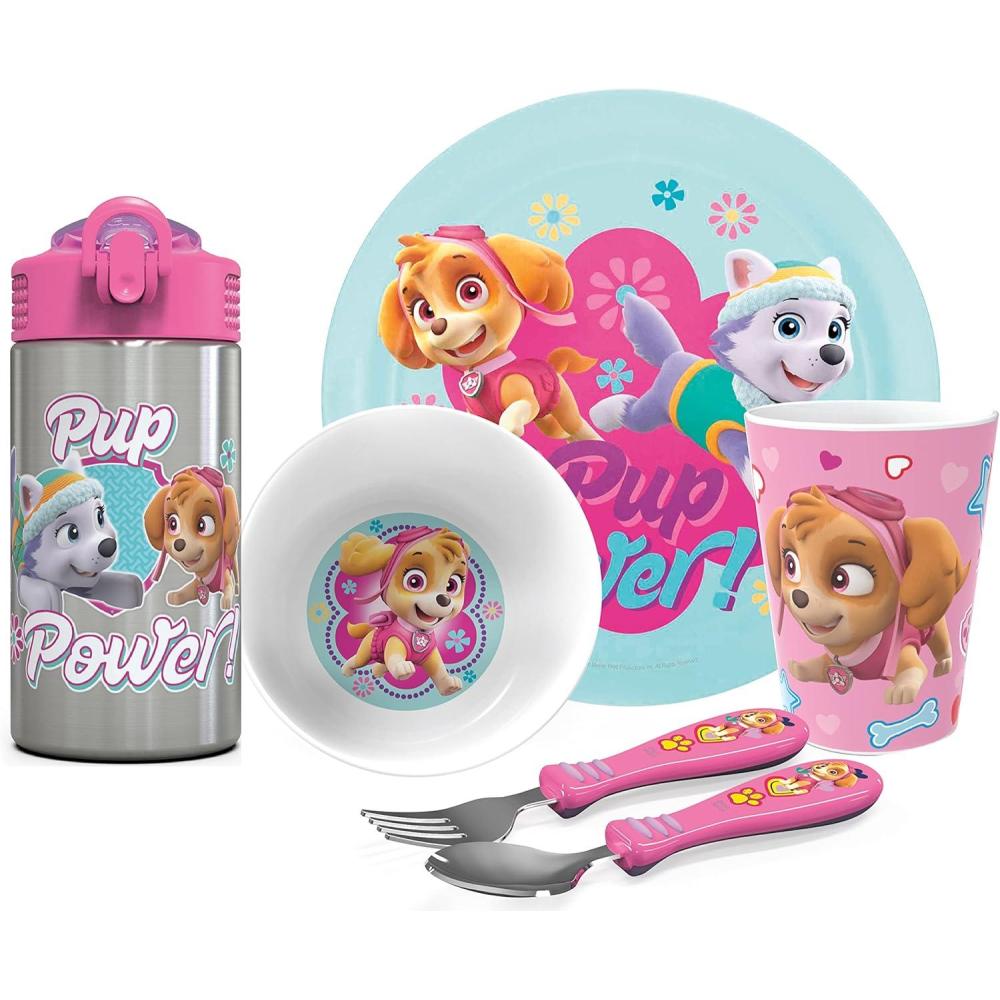 imageZak Designs Bluey Kids Dinnerware Gift Set Includes Plate Bowl Tumbler Water Bottle and Utensil Tableware Made of Durable Material and Perfect for Kids 6 Piece Gift Set BPAFreePAW Patrol Gilrs 6pcs