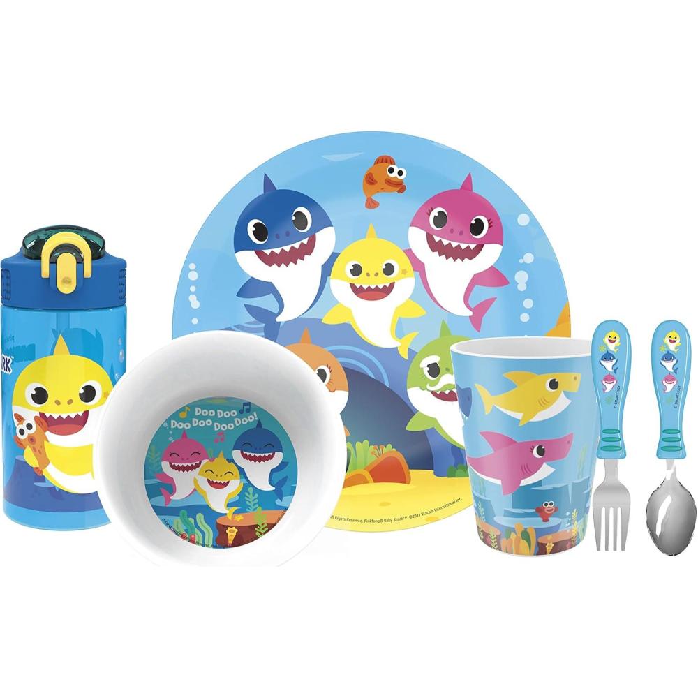 imageZak Designs Bluey Kids Dinnerware Gift Set Includes Plate Bowl Tumbler Water Bottle and Utensil Tableware Made of Durable Material and Perfect for Kids 6 Piece Gift Set BPAFreeBaby Shark  6pcs