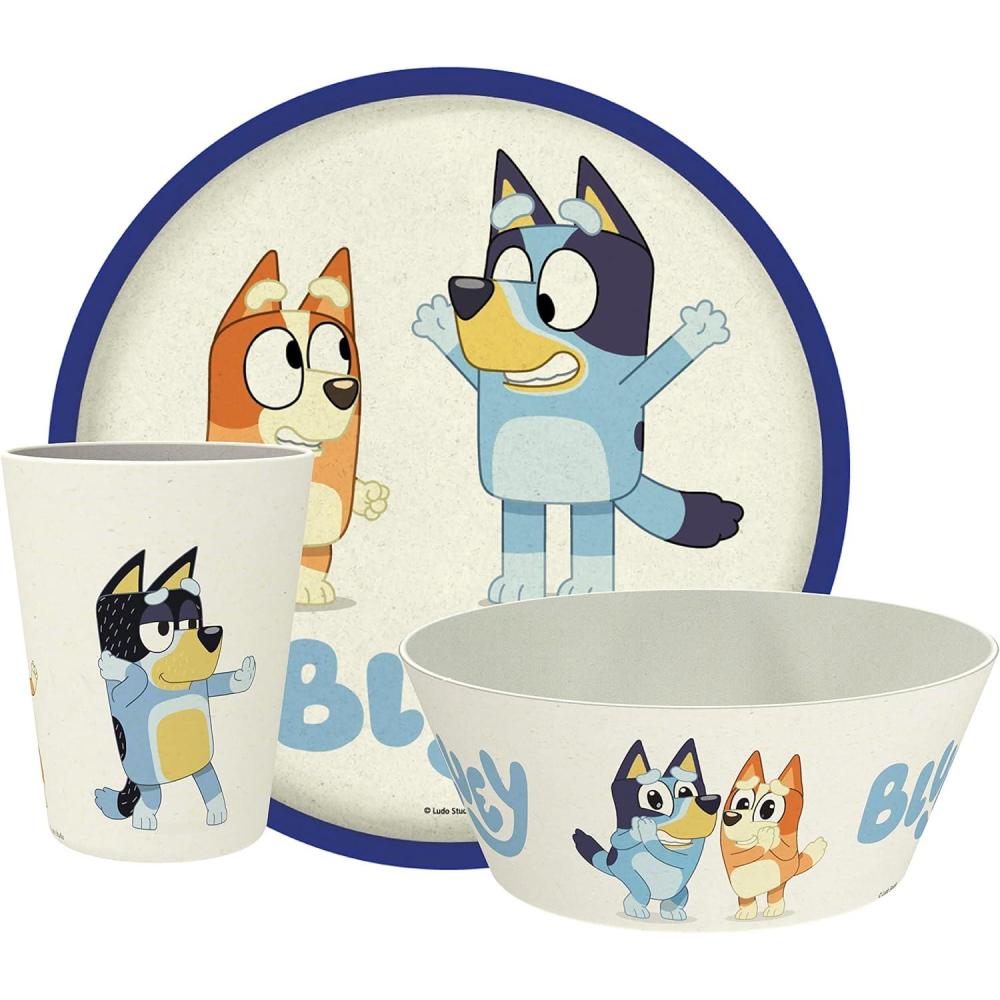 imageZak Designs Bluey Kids Dinnerware Set 3 Pieces Durable and Sustainable Melamine Bamboo Plate Bowl and Tumbler are Perfect For Dinner Time With Family Bluey Bingo Bandit ChilliBluey