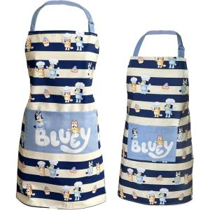 Handstand Kitchen Bluey and Bingo 100% Cotton Blue Stripe Print Patch Pocket Apron Collection(Adult and Child Apron)