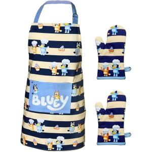 Handstand Kitchen Bluey and Bingo 100% Cotton Blue Stripe Print Patch Pocket Apron Collection(Child Apron and Oven Mitts)