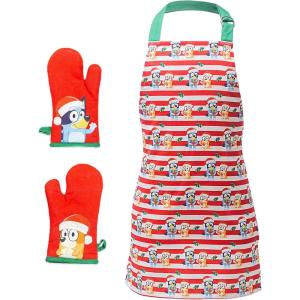 Handstand Kitchen Bluey and Bingo 100% Cotton Hoilday Stripe Print Child’s Apron and Oven Mitt Pair Set
