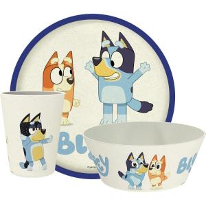 Zak Designs Bluey Kids Dinnerware Set 3 Pieces, Durable and Sustainable Melamine Bamboo Plate, Bowl, and Tumbler are Perfect For Dinner Time With Family (Bluey, Bingo, Bandit, Chilli)(Bluey)