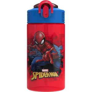 Zak Designs Bluey Sage Kids Water Bottle For School or Travel, 16oz Durable Plastic Water Bottle With Straw, Handle, and Leak-Proof, Pop-Up Spout Cover (Bluey & Bingo)(Spiderman)