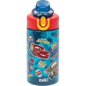 Zak Designs Bluey Sage Kids Water Bottle For School or Travel, 16oz Durable Plastic Water Bottle With Straw, Handle, and Leak-Proof, Pop-Up Spout Cover (Bluey & Bingo)(Cars (Lightning McQueen & Mater))
